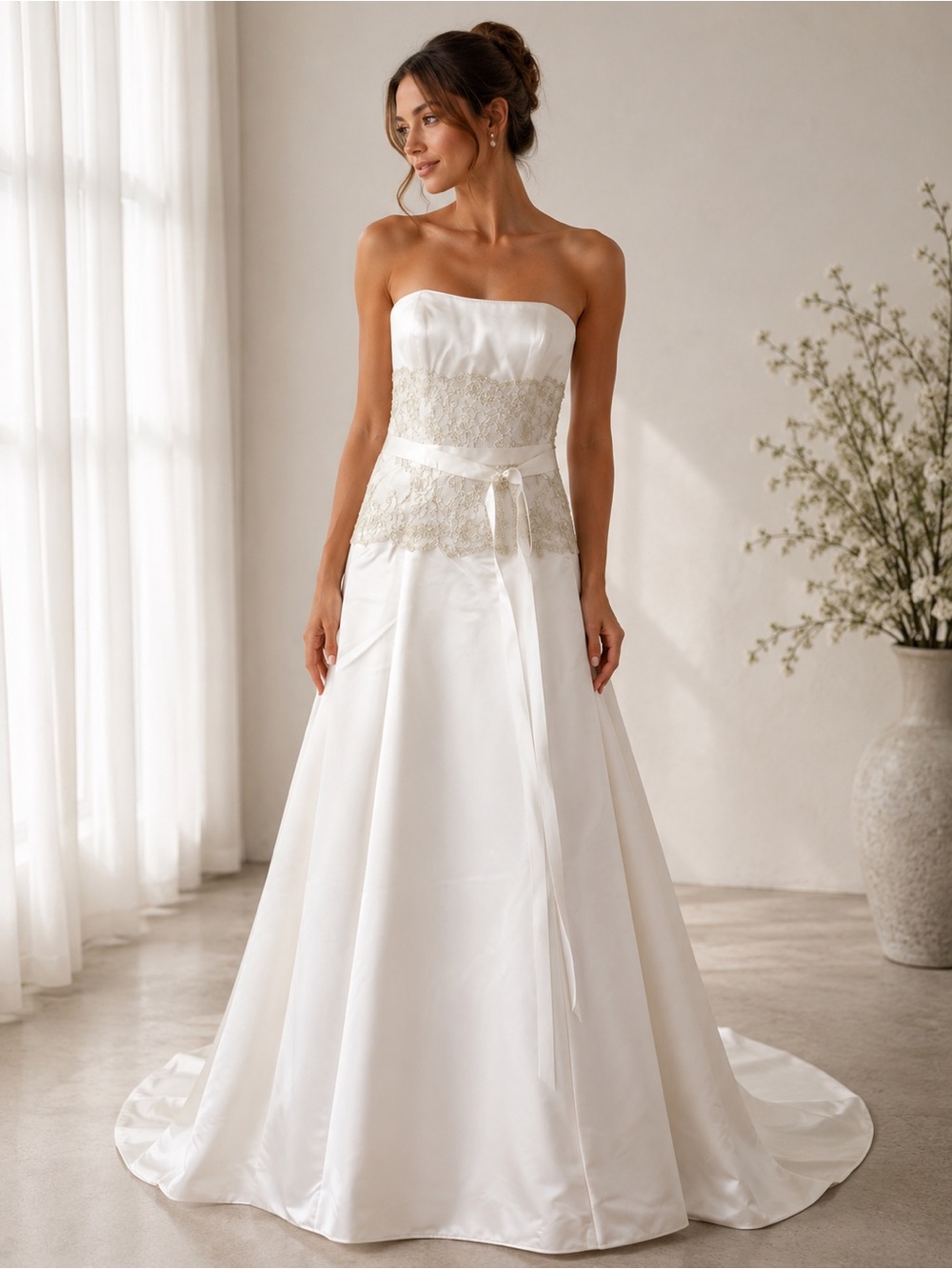 DaVinci Strapless Satin Gown in White with Gold Lace Waist